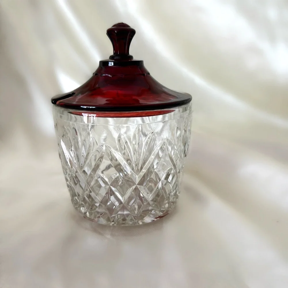 Vintage anchor hocking ruby red glass pineapple jelly jam jar serving dining